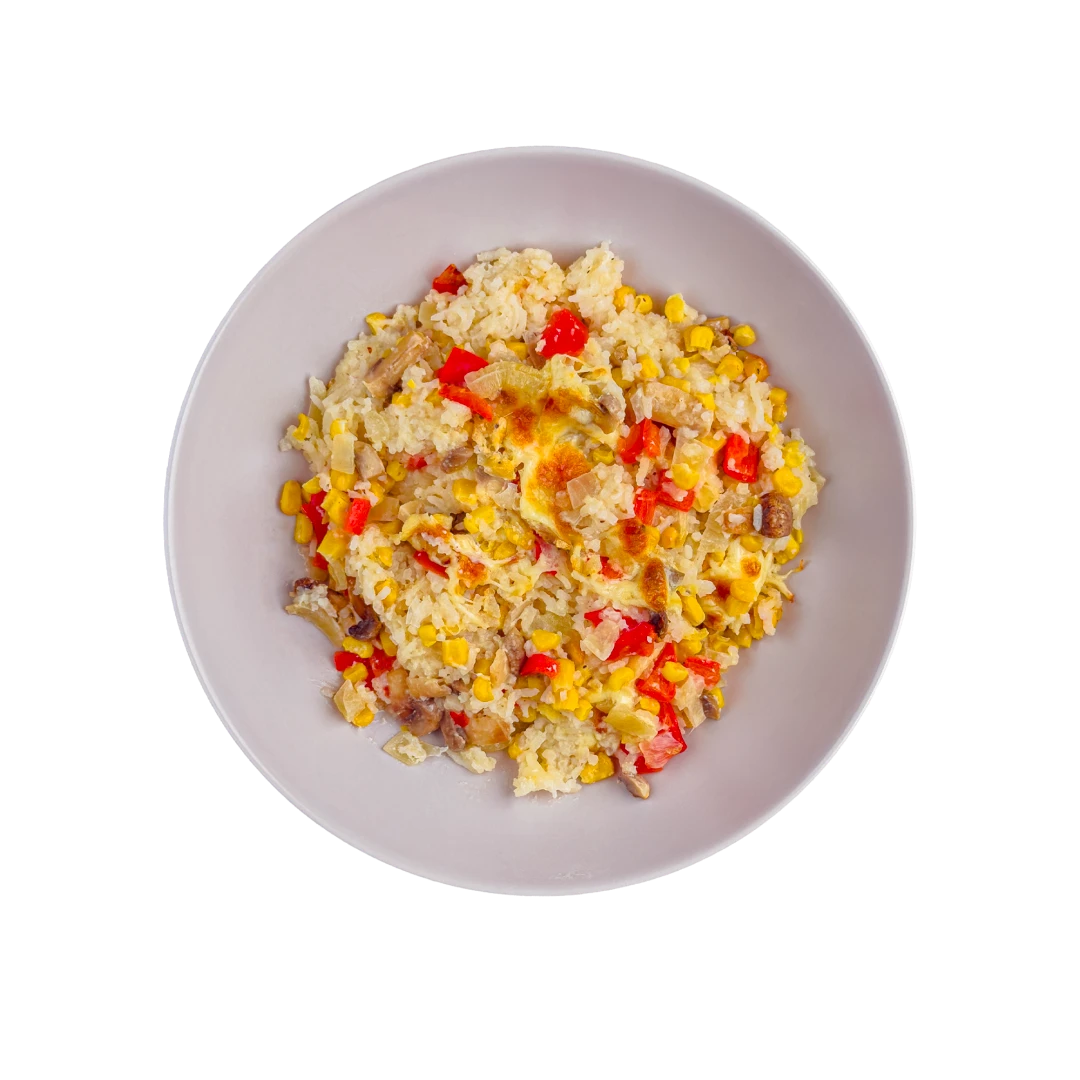 Überbackener Reis mit Pilzen und Mais